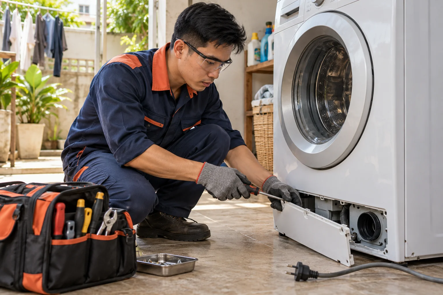 Ảnh AI minh họa thợ điện máy kiểm tra máy giặt đã ngắt nguồn trong khu giặt