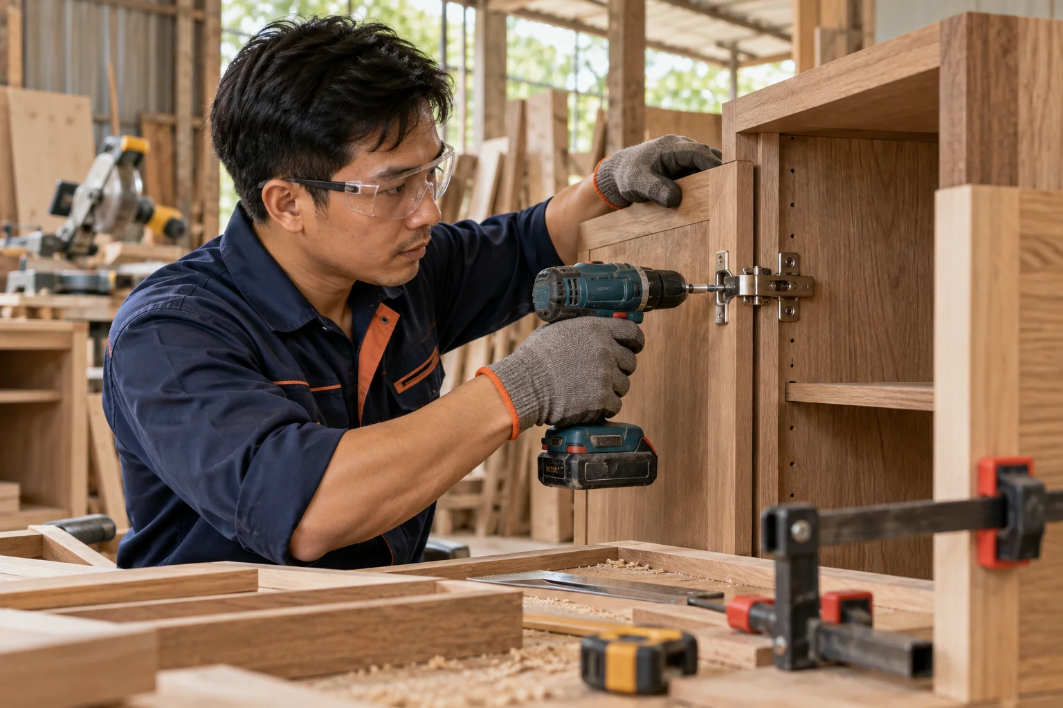 Ảnh AI minh họa thợ mộc dùng máy bắt vít lắp bản lề tủ gỗ tại xưởng