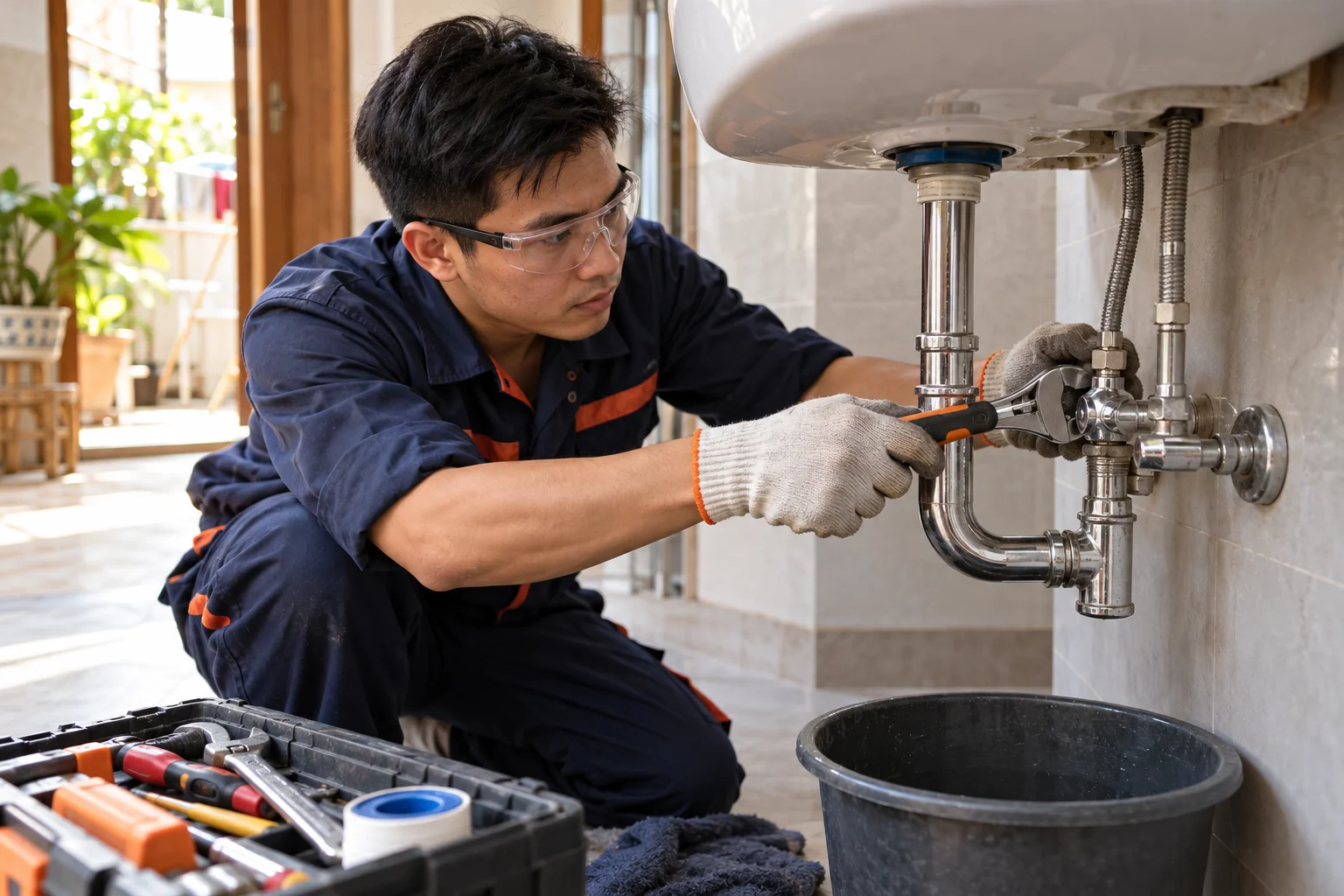 Ảnh AI minh họa thợ dùng dụng cụ lắp đường ống và van nước dưới chậu rửa