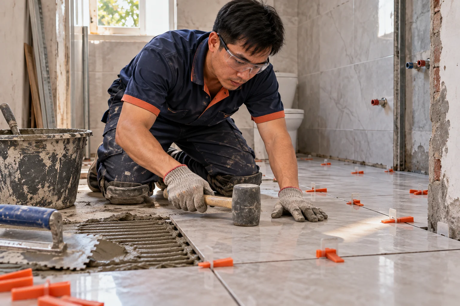 Ảnh AI minh họa thợ ốp lát căn chỉnh gạch nền bằng ke cân bằng và búa cao su