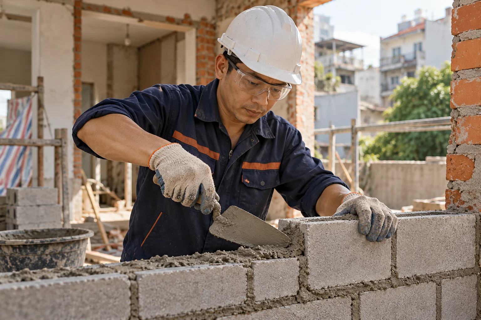 Ảnh AI minh họa thợ xây dùng bay và vữa xây tường tại công trình cải tạo