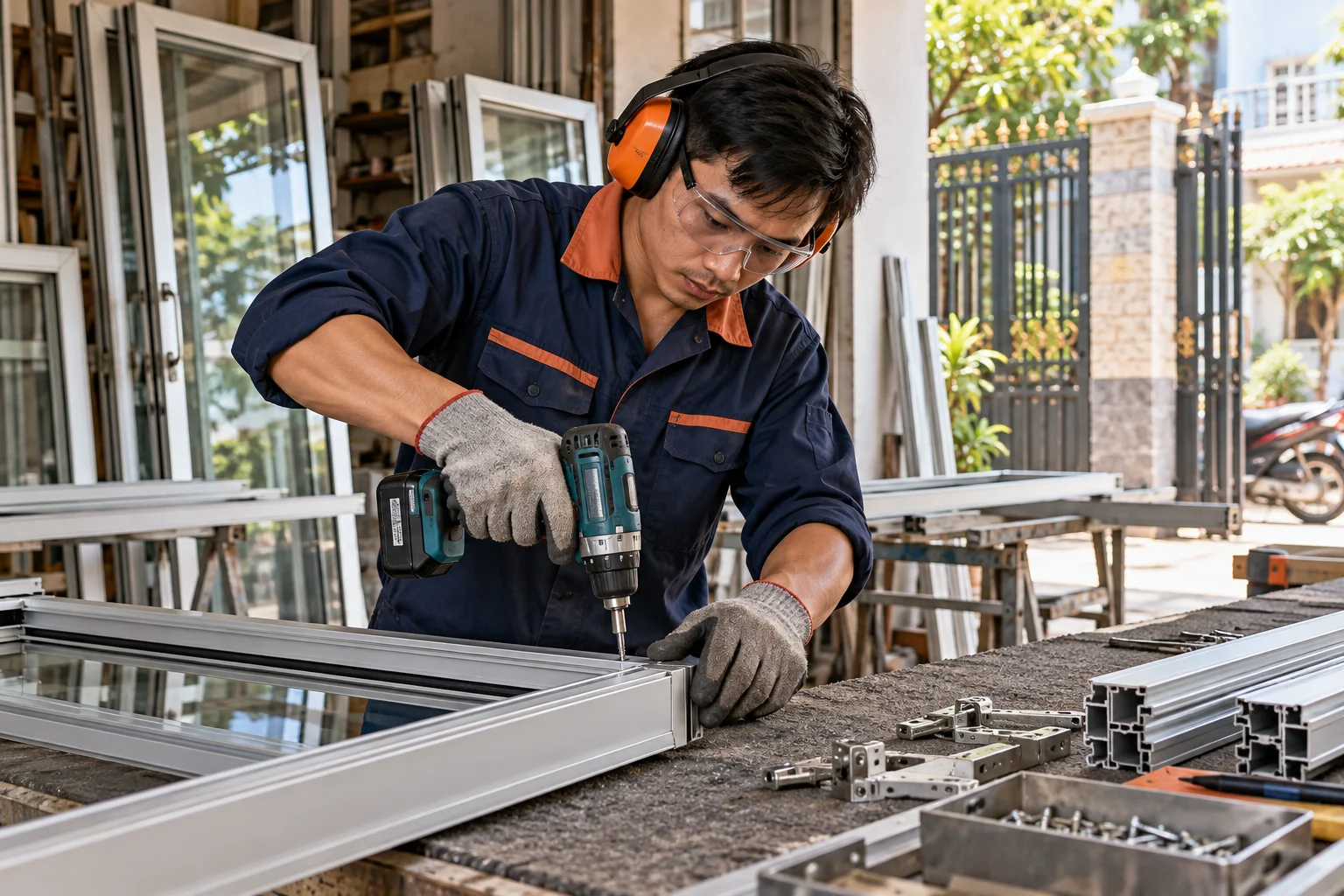 Ảnh AI minh họa thợ cơ khí lắp ghép khung cửa nhôm kính tại bàn thao tác