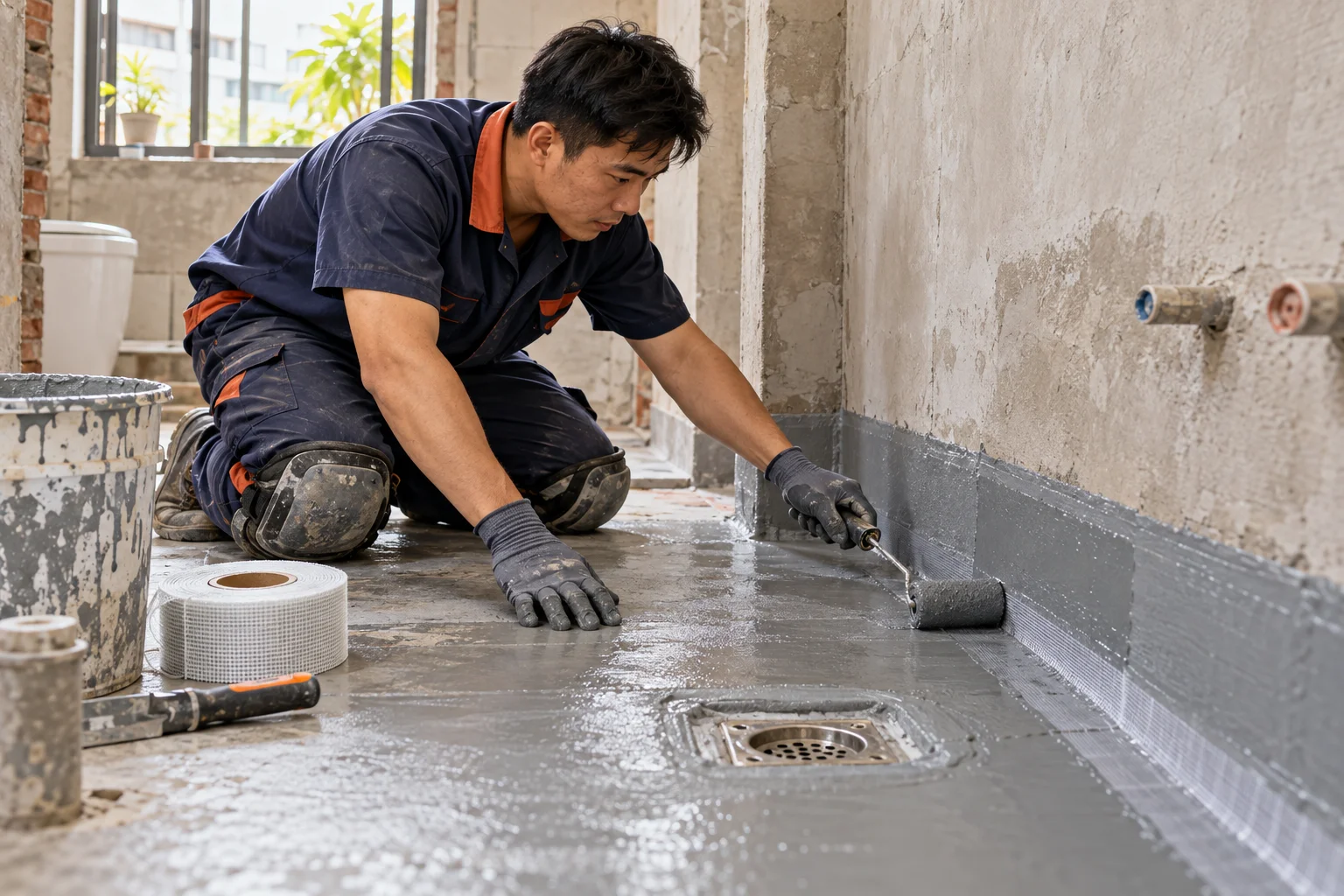 Ảnh AI minh họa thợ lăn lớp chống thấm tại chân tường và sàn nhà tắm